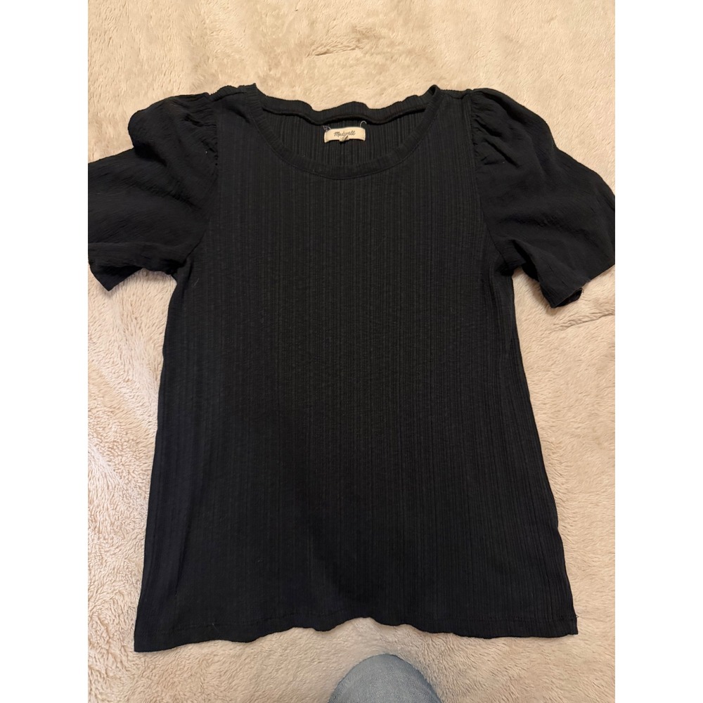Madewell Womens Black Ribbed Puff Sleeve Crew Neck Tee Size S